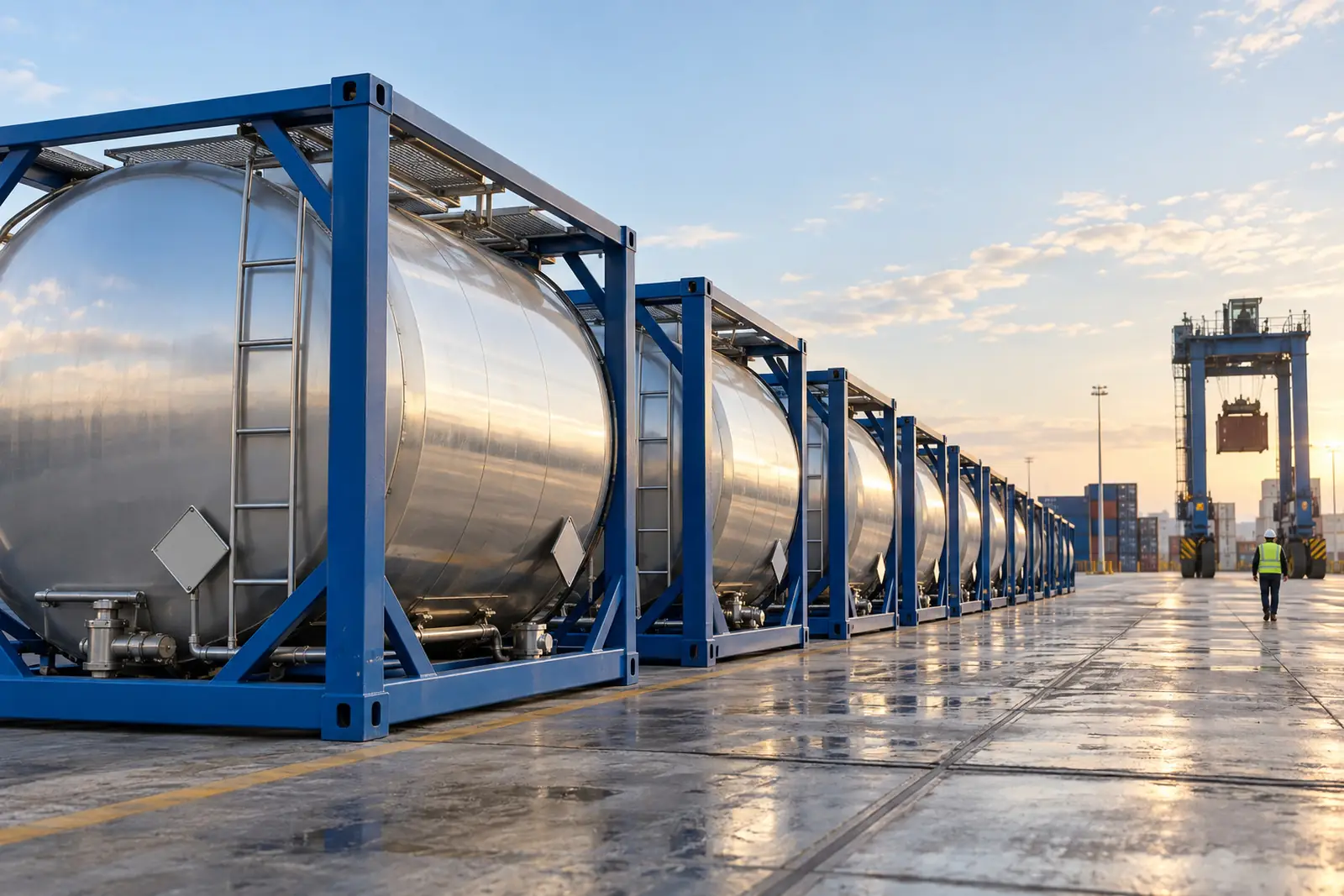 A row of ISO tank containers at a container terminal