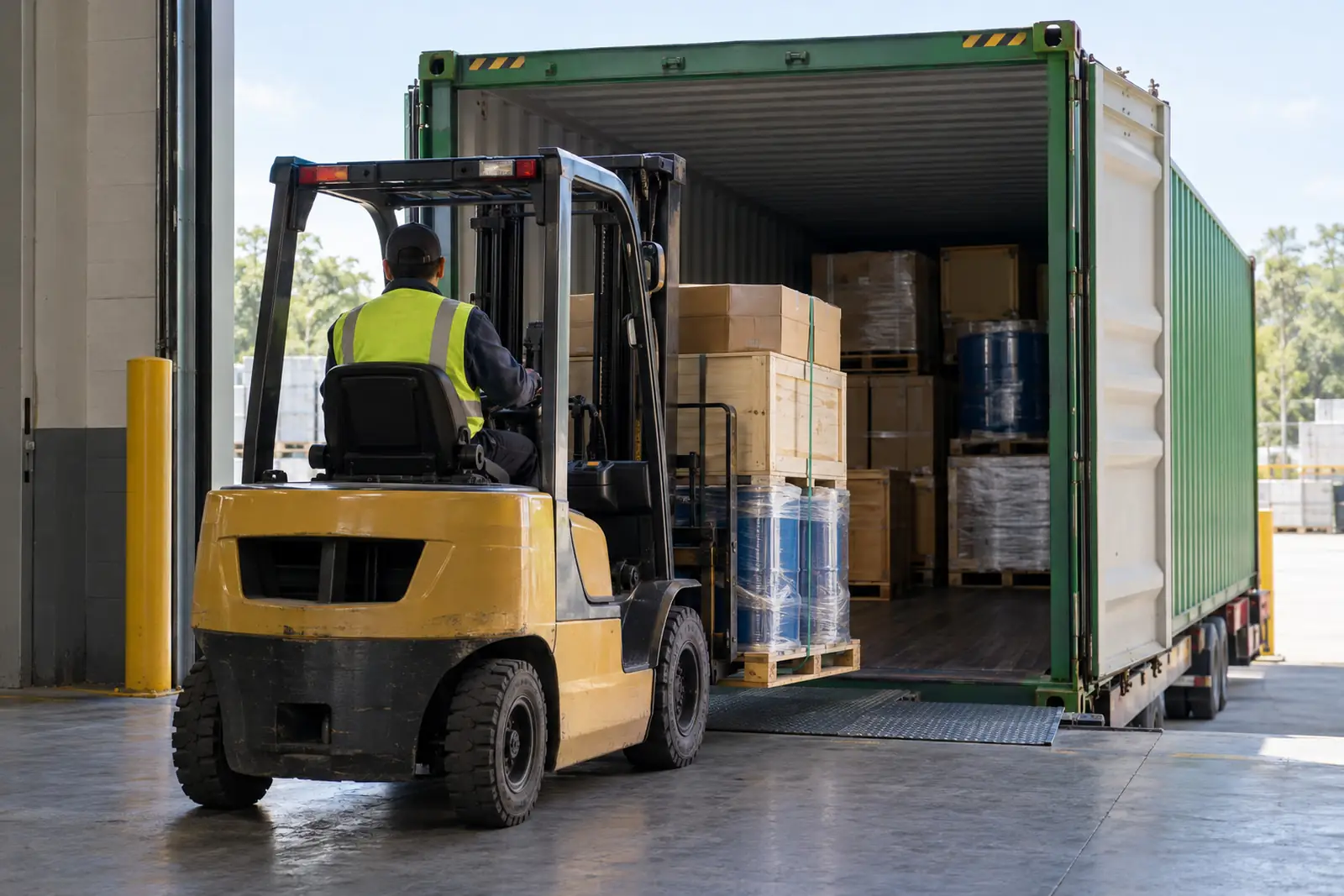 A forklift loading palletised cargo into a shipping container at a dock