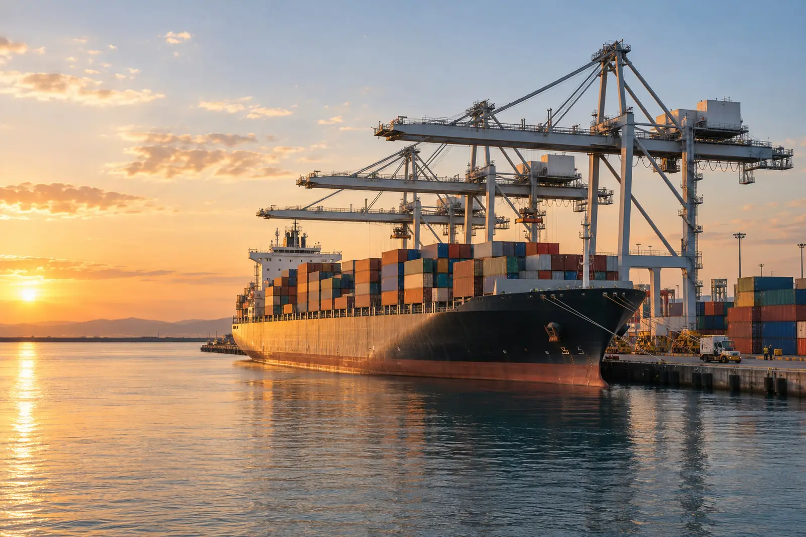 A laden container vessel berthed under gantry cranes at a container terminal at golden hour