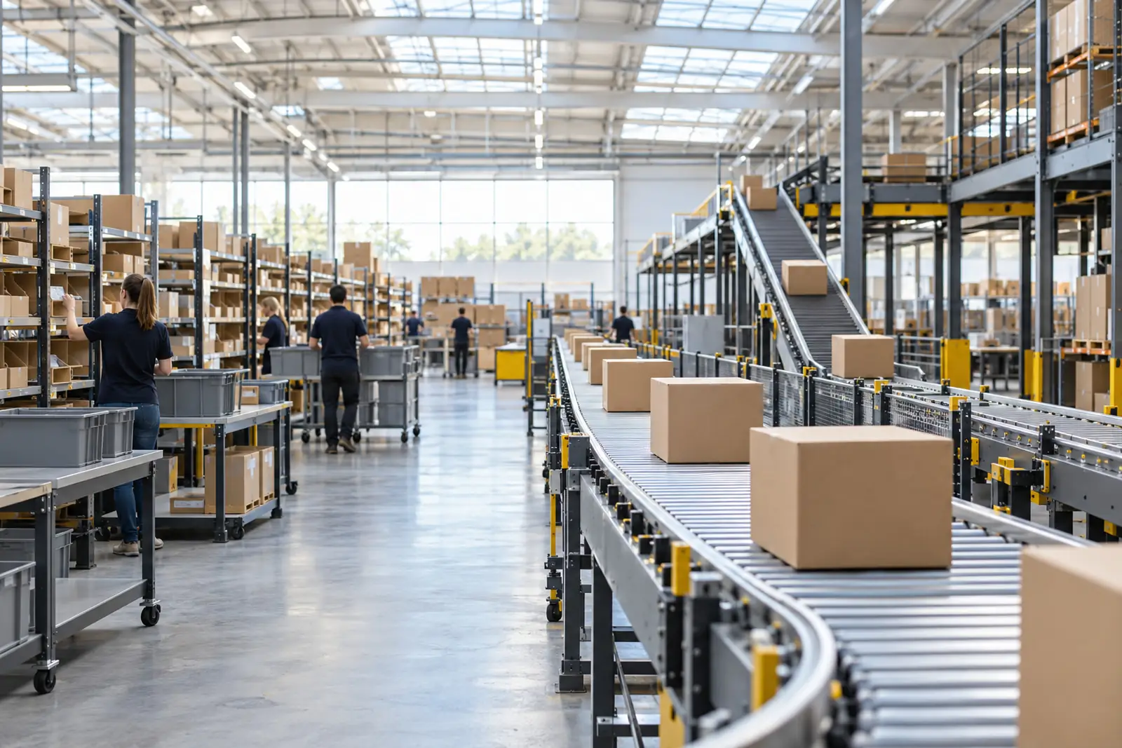 Cartons moving along conveyors in a busy fulfilment centre
