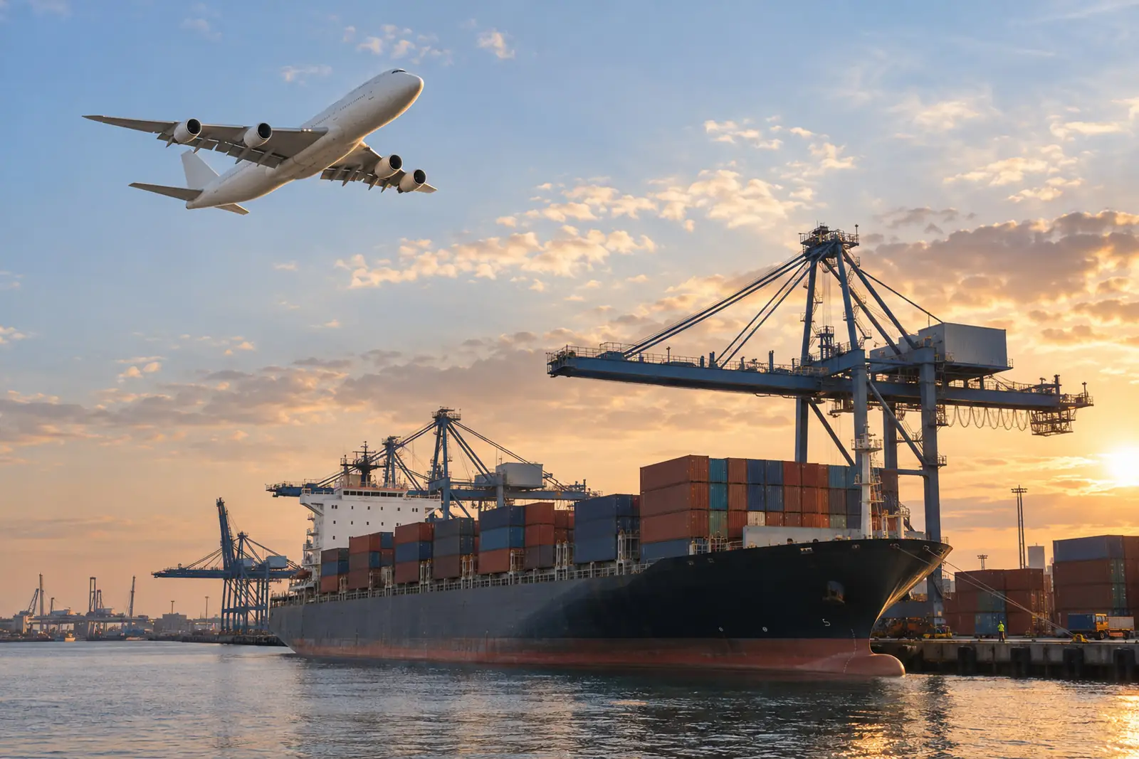 A container ship in port with a cargo aircraft climbing overhead